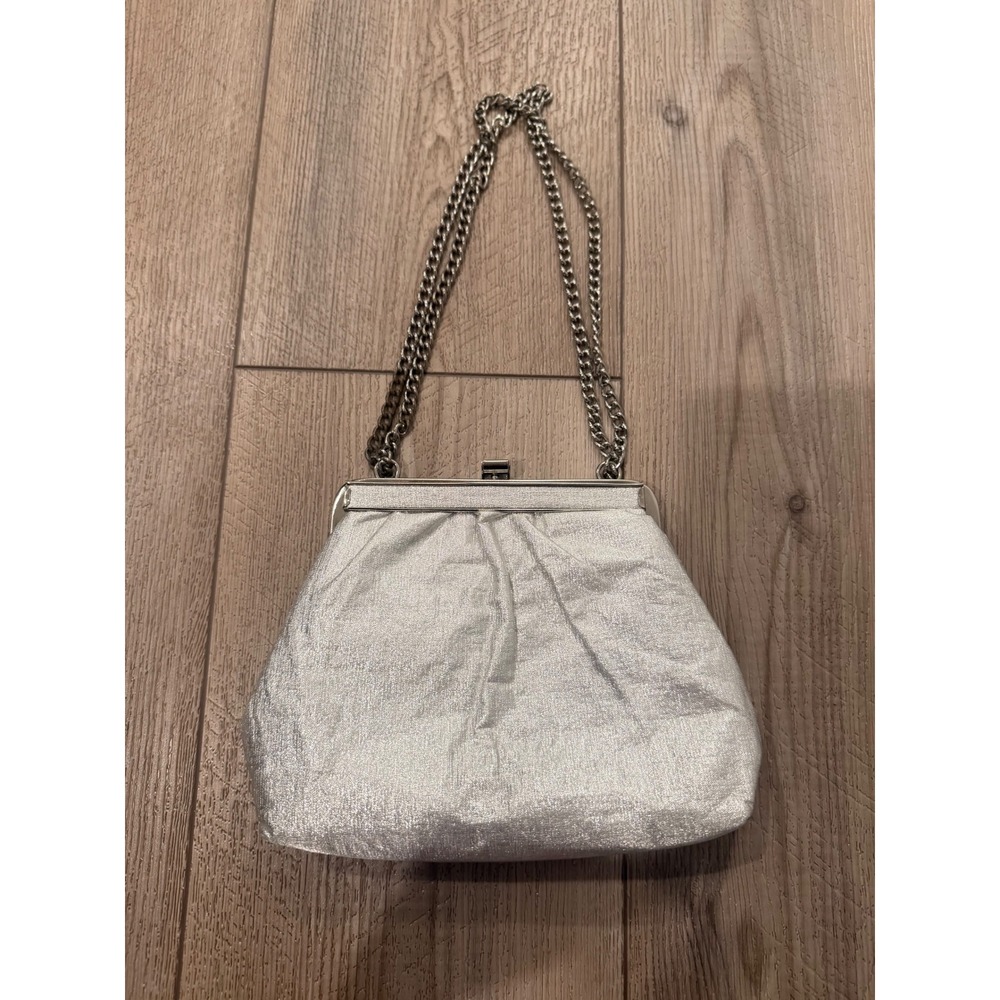 Vintage Silver‎ Metallic Evening Bag Kiss Lock Chain Strap Clutch Shimmer Retro